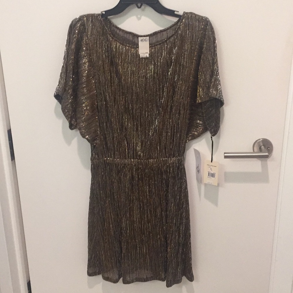 NWT holiday dress, Size 6, gold-multi